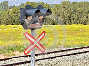 Barrier-free level crossing sign with traffic light photo