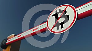 Barrier gate with Bitcoin prohibition sign. Cryptocurrency ban conceptual 3D rendering