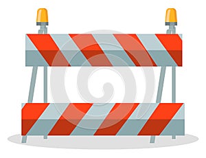 Barrier at road stop motion construction with striped lines, traffic warning symbol for cars, danger