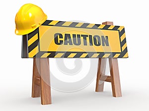 Barrier with text caution and hardhat