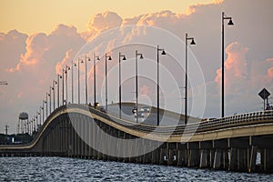 Barron Collier Bridge and Gilchrist Bridge in Florida with moving traffic. Transportation infrastructure in Charlotte