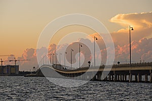 Barron Collier Bridge and Gilchrist Bridge in Florida with moving traffic. Transportation infrastructure in Charlotte