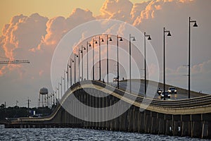 Barron Collier Bridge and Gilchrist Bridge in Florida with moving traffic. Transportation infrastructure in Charlotte