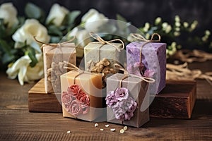 Bars of handmade natural soap with herbs and flowers, AI Generated