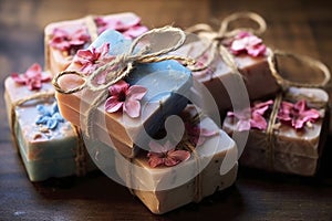 Bars of handmade natural soap with herbs and flowers, AI Generated