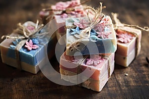 Bars of handmade natural soap with herbs and flowers, AI Generated