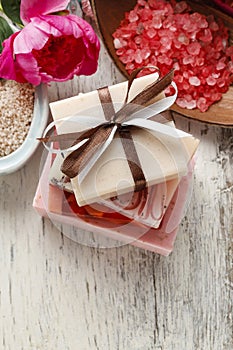 Bars of handmade soap and other natural cosmetics