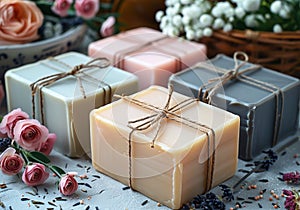 Bars of natural handmade soap with abstract patterns. Spa organic product. Modern crafts