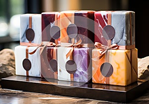 Bars of natural handmade soap with abstract patterns. Spa organic product. Modern crafts. AI generated