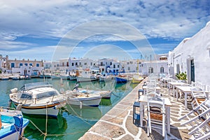 Bars and restaurants at the Greek fishing village of Naousa, Paros