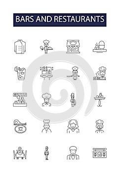 Bars and restaurants line vector icons and signs. Restaurants, Eateries, Pubs, Cafes, Grills, Diners, Establishments