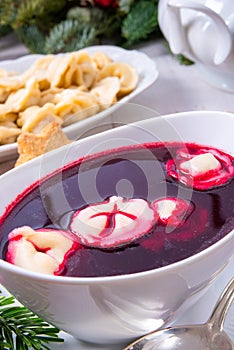 Barszcz beetroot soup with small pierogi