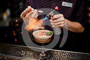 Bartender adding to an alcoholic cocktail in the glass spices from the spoon and burning them