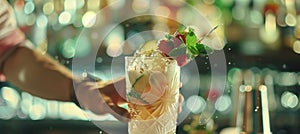 Bartender artfully decorates cocktail with copy space on blurred background