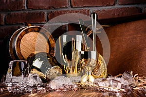 Bartender and barman tools for making cocktails and drinks bar counter black background copyspace