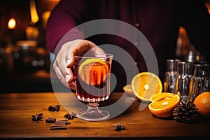 bartender cloaking a glass of mulled wine with a fiery hollowed orange slice