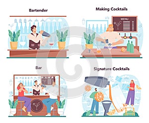 Bartender concept set. Barman preparing alcoholic drinks with shaker