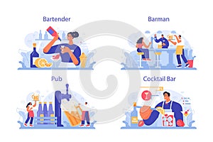 Bartender concept set. Barman preparing alcoholic drinks with shaker.