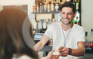 Bartender, customer and credit card for payment in bar with fintech or happy for service in small business. Banking