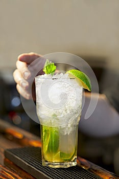 Bartender decorates cocktail mojito