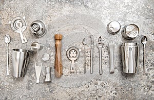 Bartender equipment for making cocktail. Shaker, jigger, straine