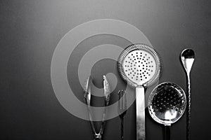 Bartender equipment for making cocktail. Strainer, spoon. Food and beverages concept. Food and beverages concept