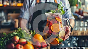 A bartender expertly holds a frosted pitcher of zeroalcohol sangria surrounded by colorful fruits and garnishes ready to