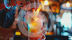 A bartender expertly mixing and shaking a vibrant concoction the sweet aroma filling the air photo