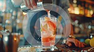 The bartender expertly shakes and mixes a mocktail creating a delicious blend of flavors and textures photo
