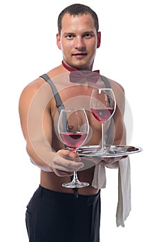 Bartender gives red wine to you on a white background