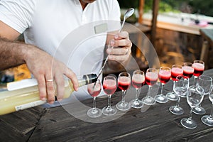 Bartender hands pouring alcohol in red cocktail