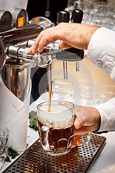 Bartender hands pouring a draught craft beer into a mug