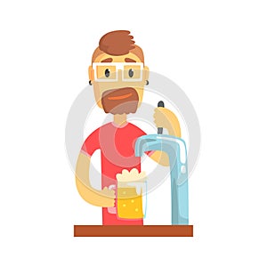 Bartender man character standing at the bar counter pouring beer