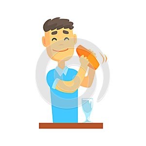 Bartender man character standing at the bar counter shaking cocktail Illustration