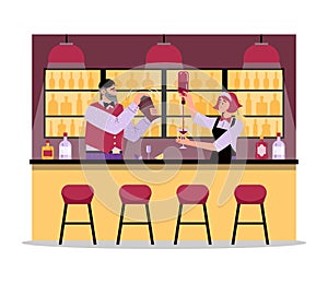 Bartender man and woman mixing and pouring drinks in glasses behind bar counter, flat vector illustration.