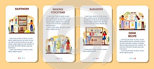 Bartender mobile application banner set. Barman preparing alcoholic