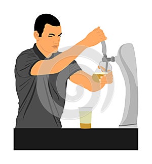 Bartender pouring beer for client  illustration isolated on white background. Dispensing beer in bar from metal spigots. photo