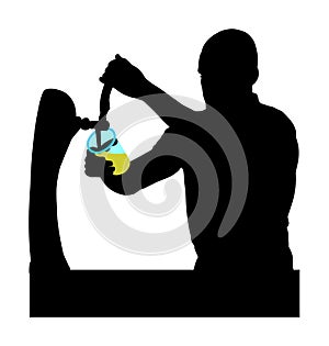 Bartender pouring beer for client vector silhouette isolated on white background. Dispensing beer in bar from metal spigots.