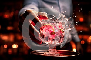 Bartender pouring Cocktail close up in a bar setting. photo