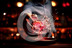 Bartender pouring Cocktail close up in a bar setting. photo