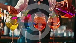 Bartender pouring colorful cocktail drinks into a row of glasses in a bar setting, A bartender pouring colorful cocktail drinks