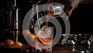 Bartender pouring fresh cocktail on table with ice and fruit generated by AI