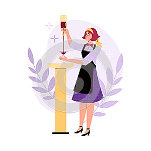 Bartender pouring wine or liqueur in glass, flat vector illustration isolated.