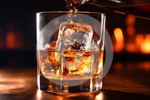 The bartender pours whiskey into a glass with ice on the bar counter. close-up. Blurred background. Elite alcoholic drink