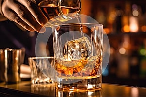 The bartender pours whiskey into a glass with ice on the bar counter. close-up. Blurred background. Elite alcoholic drink