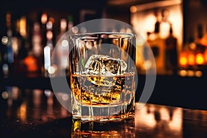 The bartender pours whiskey into a glass with ice on the bar counter. close-up. Blurred background. Elite alcoholic drink