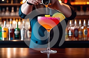 The bartender& x27;s hands carefully pour the finished cocktail from a glass shaker into a glass. Shelves with bottles in