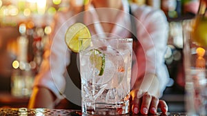 Bartender& x27;s hands serving a vodka soda with lime garnish in a lively bar setting