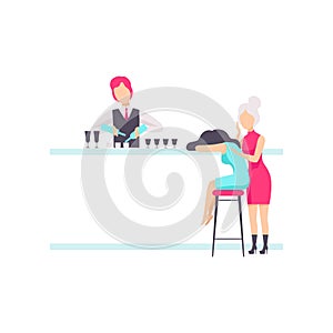 Bartender standing at the bar counter mixing cocktails, drunk girls sitting at the bar or nightclub vector Illustration