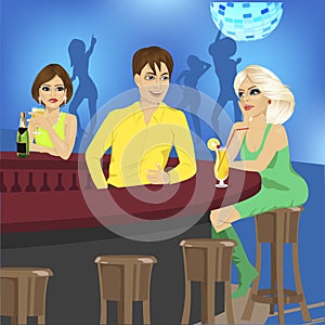 Bartender talks to blonde sitting at bar counter while another woman looks at her jealously